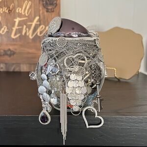 Elegant Silver Colored Decorative Mystery Jewelry Jar with Heart Charm